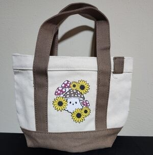 Canvas Tote Bag with Ghost Mushroom and Sunflower Design